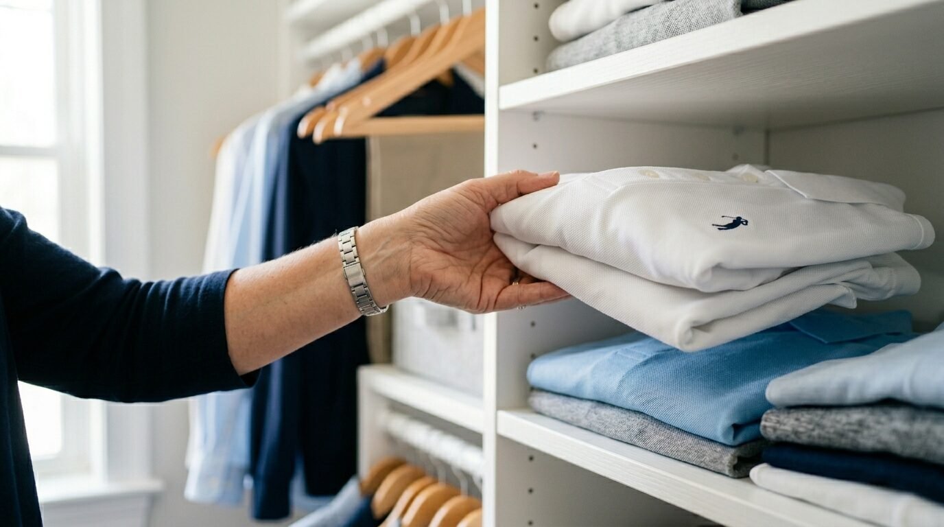 Close-up view of a hand picking up a neatly folded white polo shirt from a white wooden closet shelf.