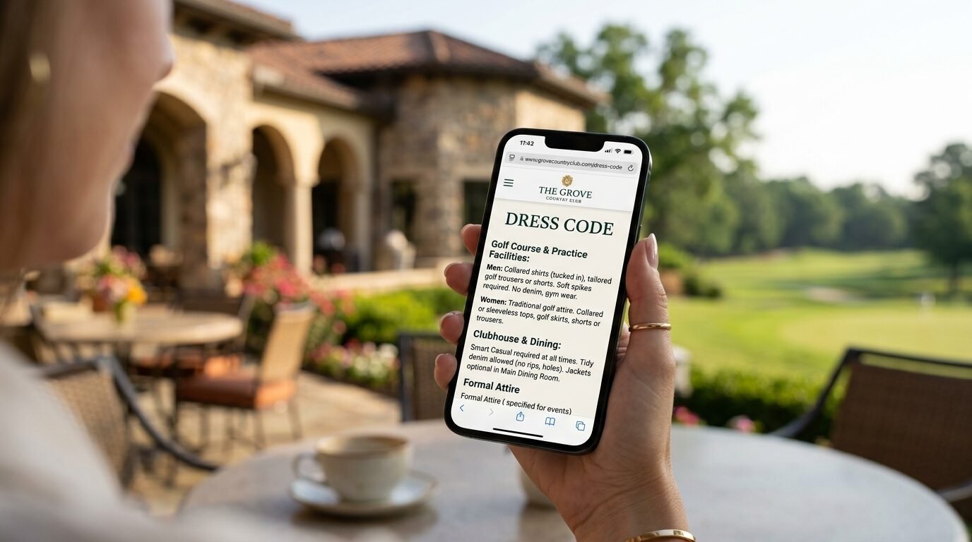 Close up of a hand holding a phone displaying the dress code policy for The Grove Country Club at an outdoor patio.