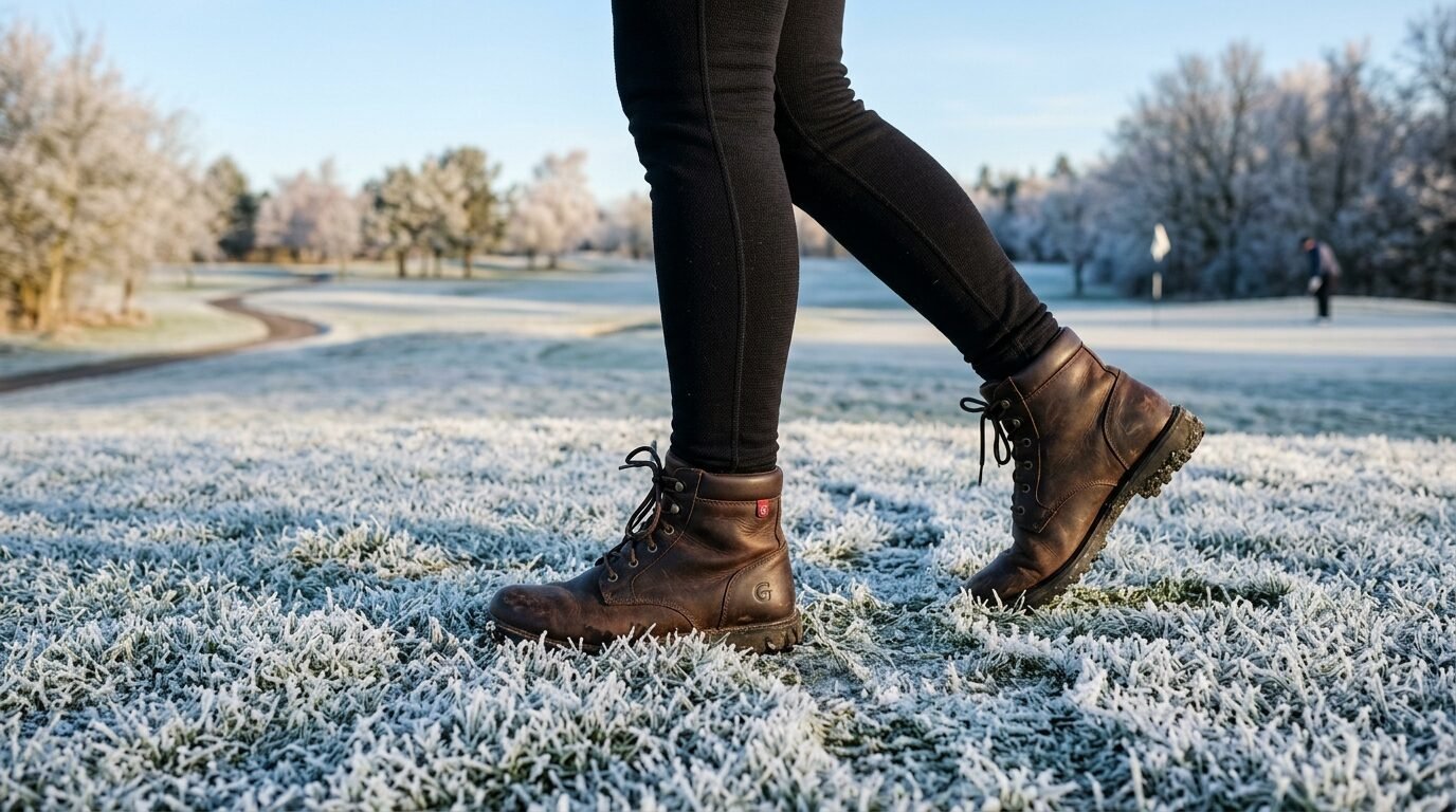 Close up of a person's legs in black leggings and brown boots walking across a frost-covered golf course fairway.