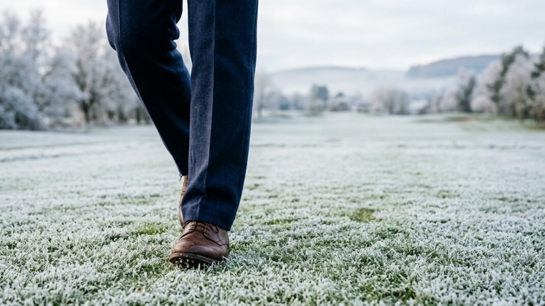 Close up of dress shoes and navy trousers stepping onto a field covered in morning frost.