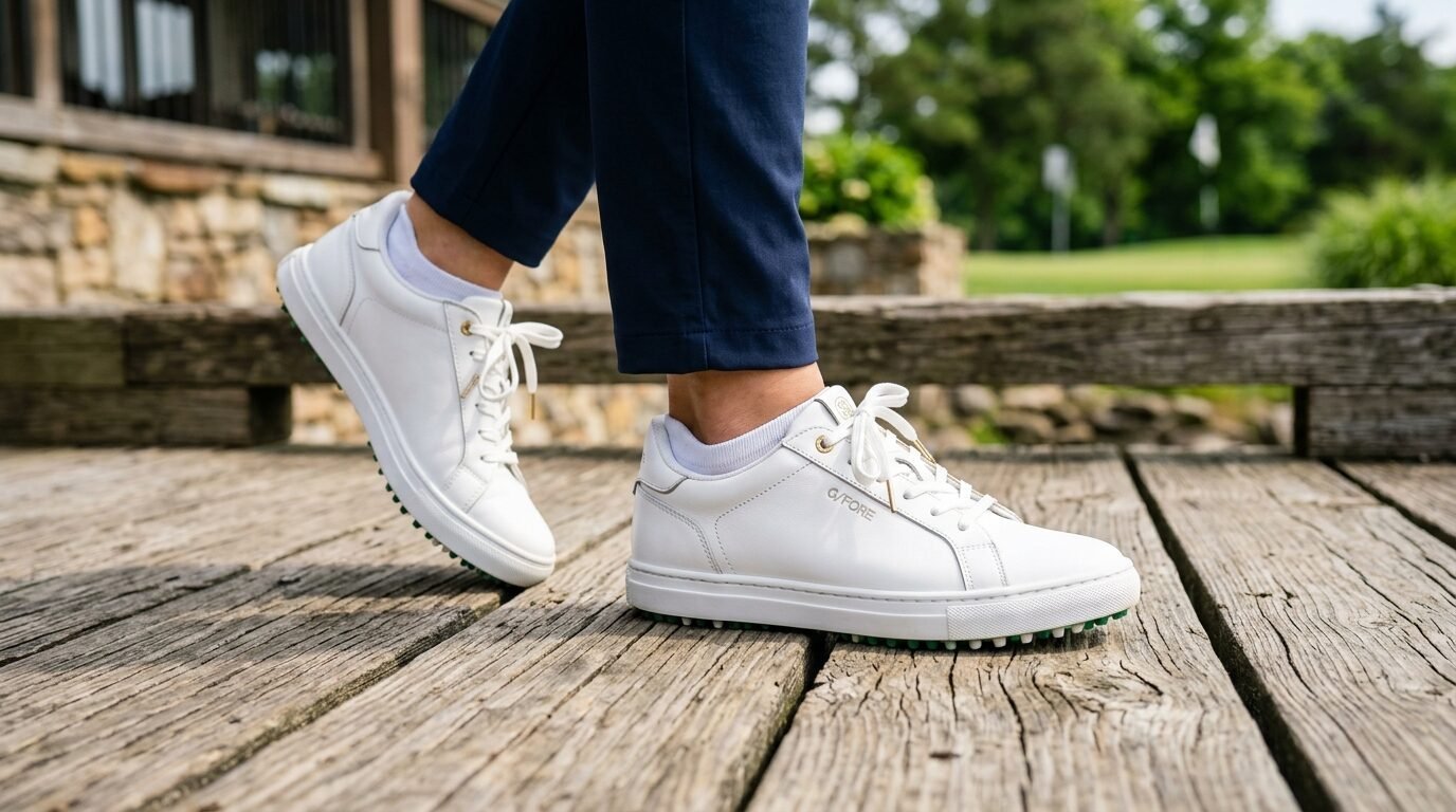 Close up of a person wearing white leather G/FORE golf shoes while standing on a weathered wooden boardwalk.