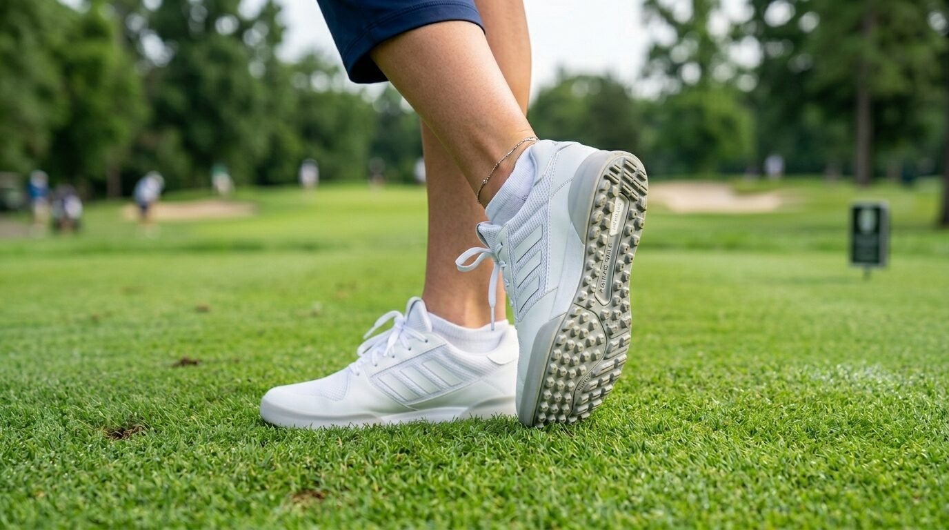 A golfer standing on green grass showing the spiked soles of their white sneakers.