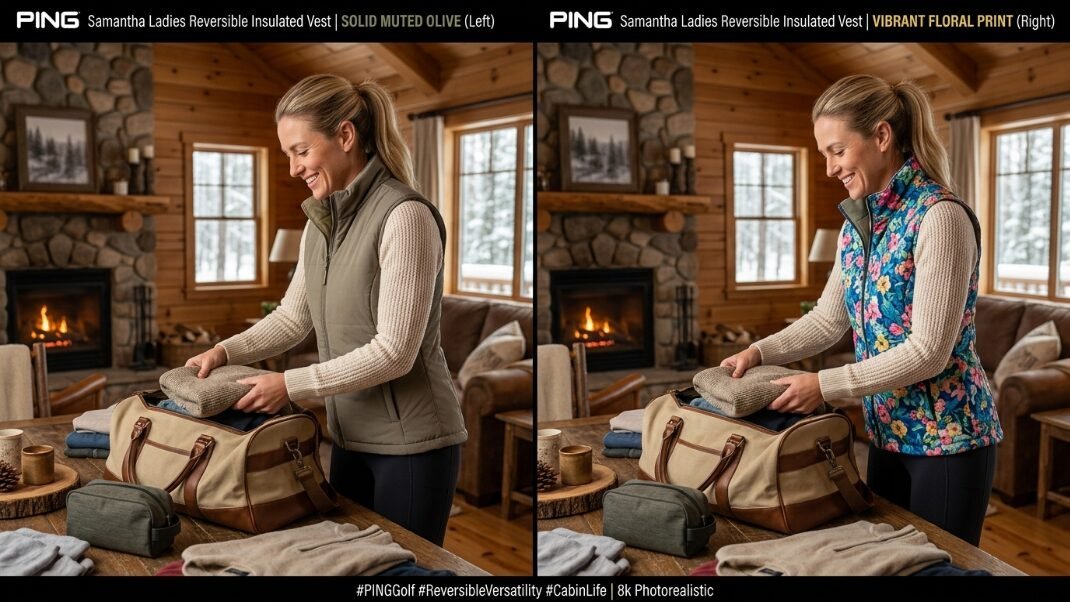 A woman wearing a reversible PING vest packs a canvas duffel bag in a cozy rustic cabin setting.