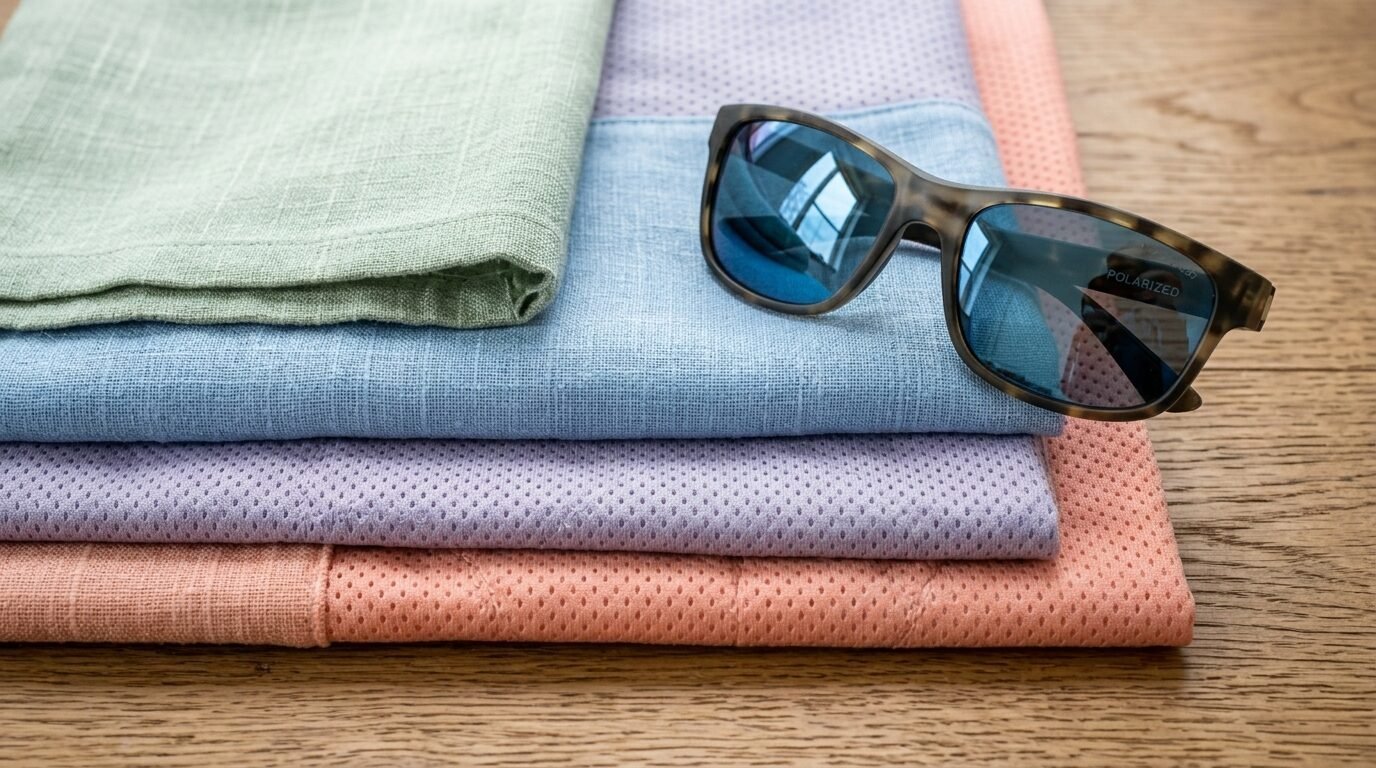 Tortoise shell polarized sunglasses placed on top of stacked green, blue, lavender, and peach textured fabrics.