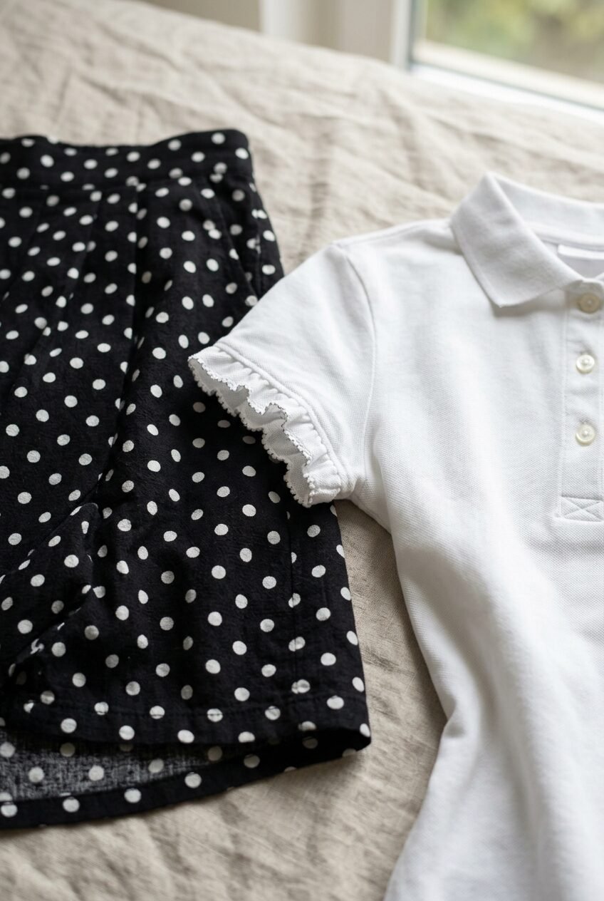 White collared shirt with ruffled sleeves resting next to a black and white polka-dotted skirt on beige fabric.