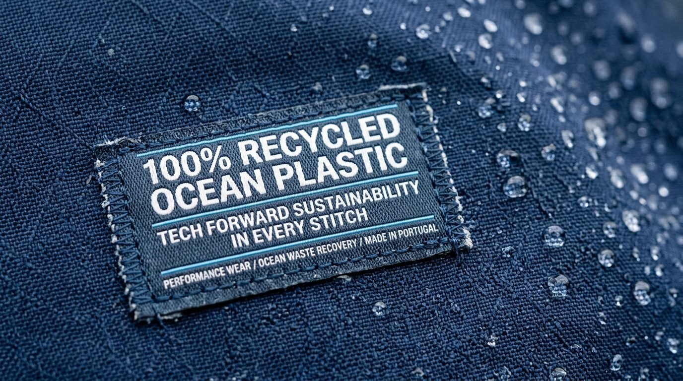 Textile patch reading 100% Recycled Ocean Plastic stitched onto blue waterproof material covered in rain droplets.