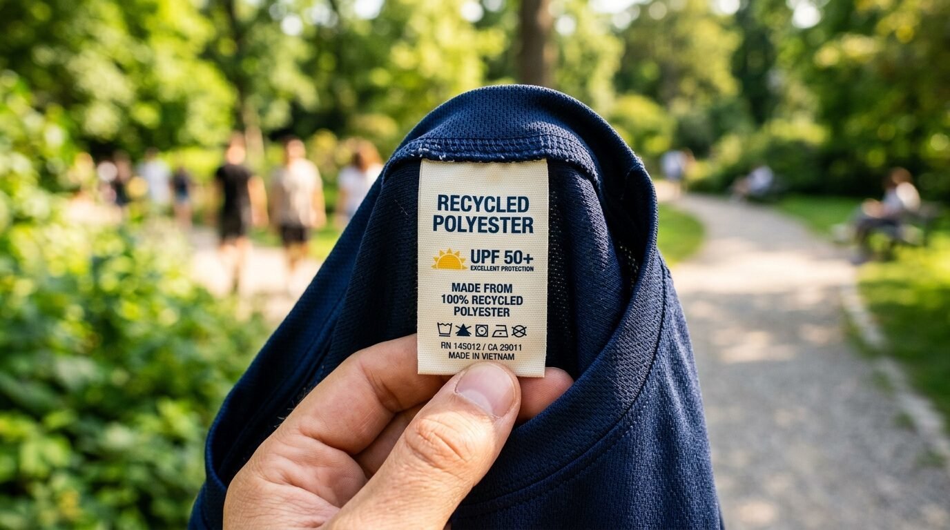 Hand holding a recycled polyester shirt tag with UPF 50+ sun protection icon outdoors.