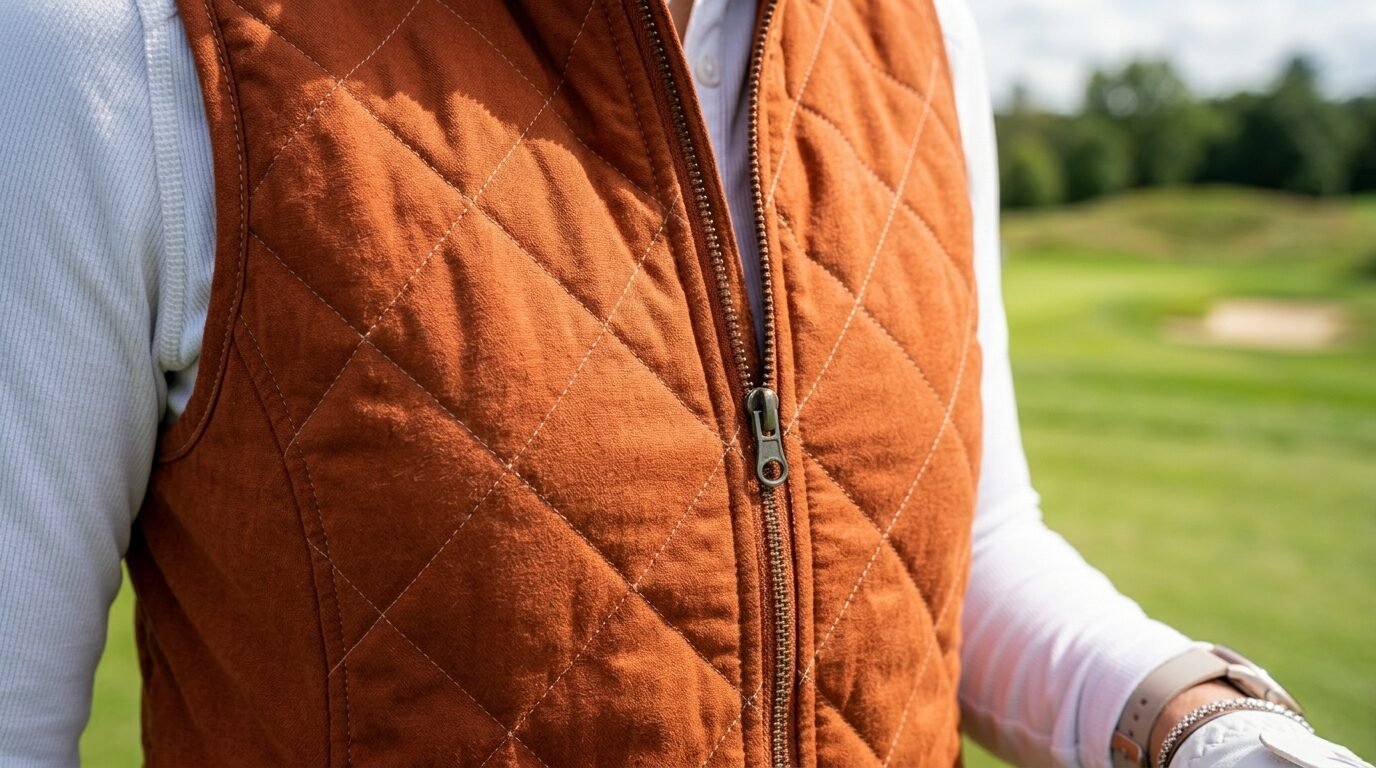 Person wearing a textured rust-colored quilted vest over a white long-sleeved shirt on a golf course.