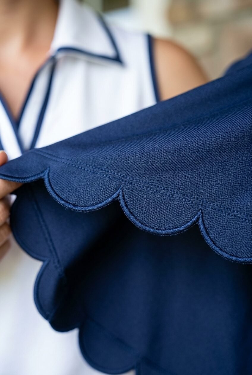 A person holding up the navy blue fabric sleeve of a shirt with a decorative scalloped edge finish.