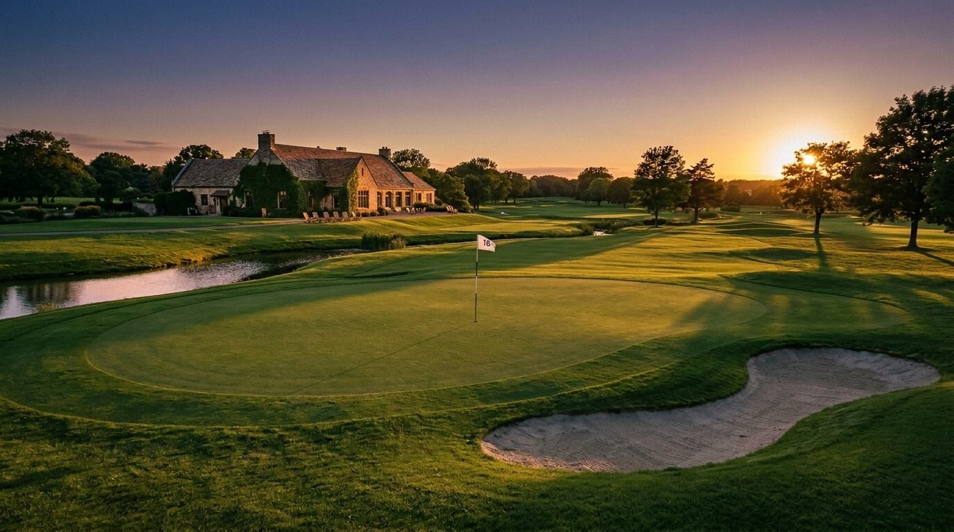 A lush golf green with a sand bunker and flagstick in front of a stone clubhouse at sunset.