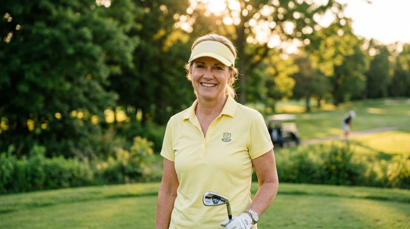 Middle-aged female golfer wearing a yellow polo and visor standing on a green at sunset.