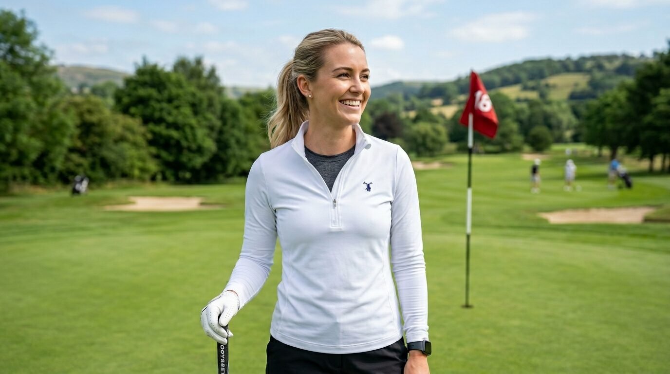A blonde woman in a white quarter-zip smiling while holding a putter on a golf course with a red flag nearby.