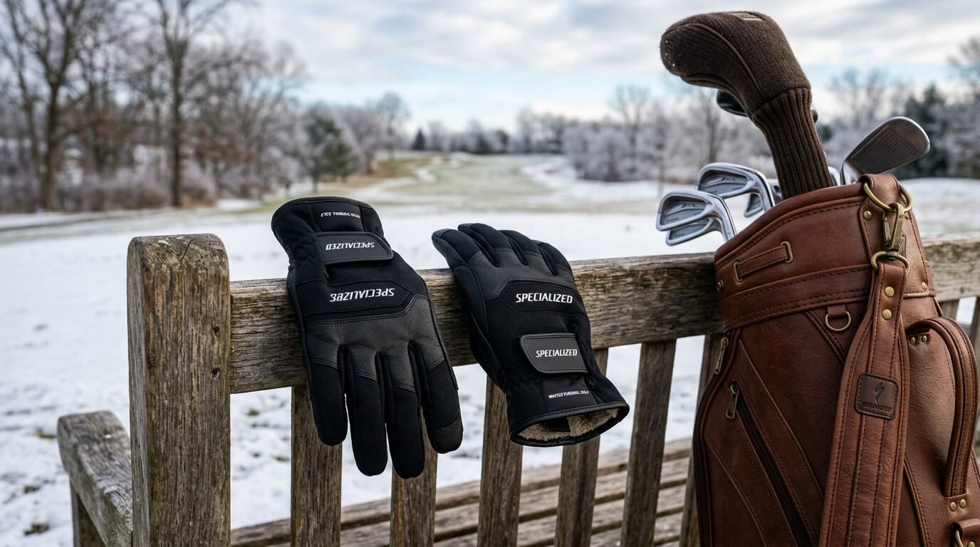 A pair of Specialized branded cold-weather gloves placed on a wooden fence near a brown leather golf bag.