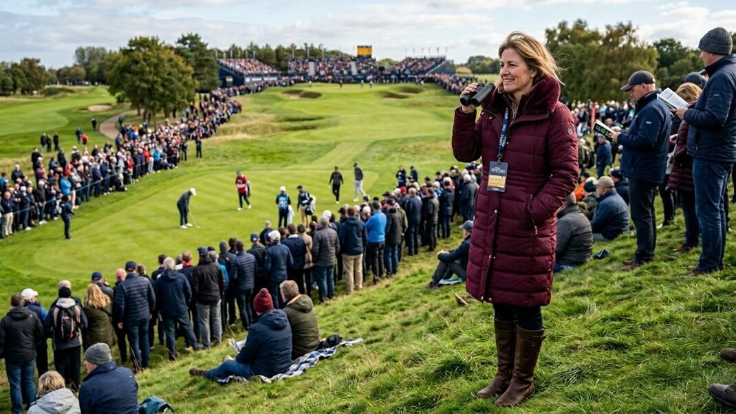A woman stands on a grassy hill overlooking a crowded golf course while holding binoculars to her eyes.