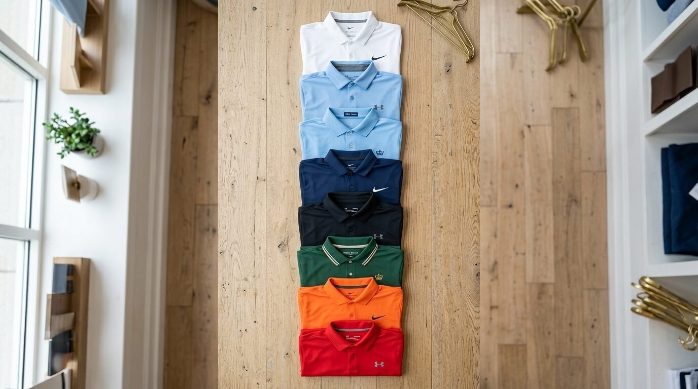 Eight assorted golf polo shirts lined up vertically on a wooden table.