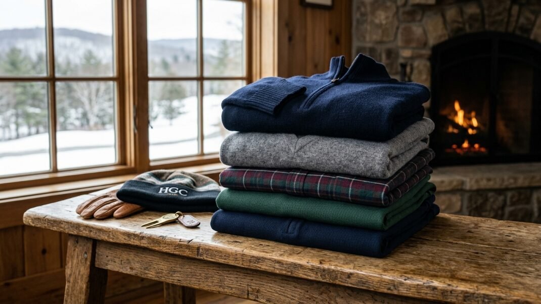 Folded sweaters, knit hat, and gloves resting on a wooden table near a fireplace.