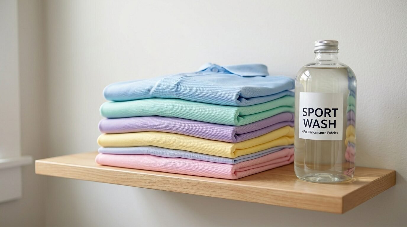 Folded light-colored polo shirts and a glass bottle of performance fabric sport wash on a wooden shelf.
