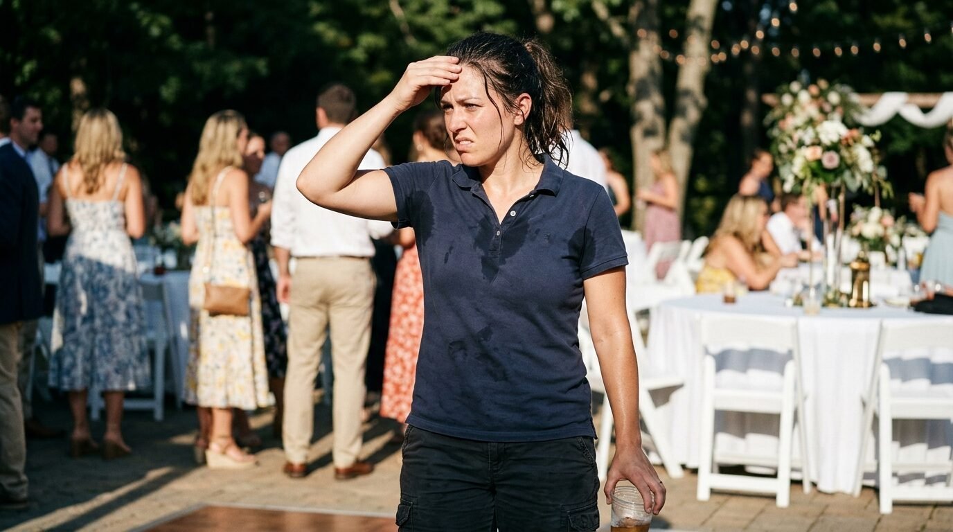 A tired woman with a sweaty shirt stands at an outdoor party while holding a plastic cup.