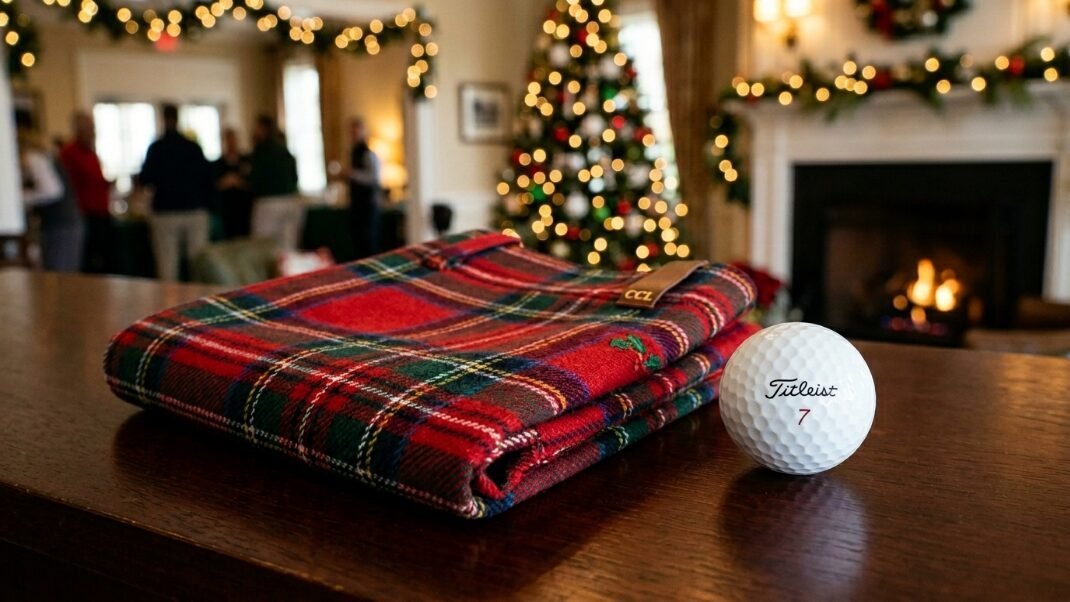 Folded red and green plaid blanket with a numbered Titleist golf ball on a wooden table in a holiday decorated room.