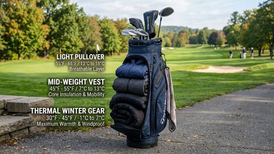 Golf bag holding clubs and stacked seasonal clothing layers on a paved path at a golf course.