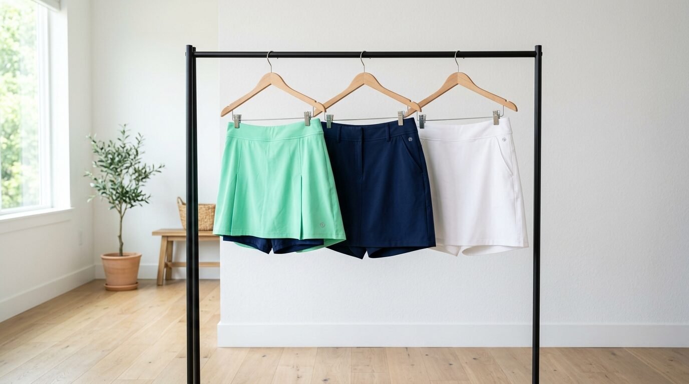 Mint green, navy blue, and white athletic skorts hanging on wooden hangers against a plain white wall.