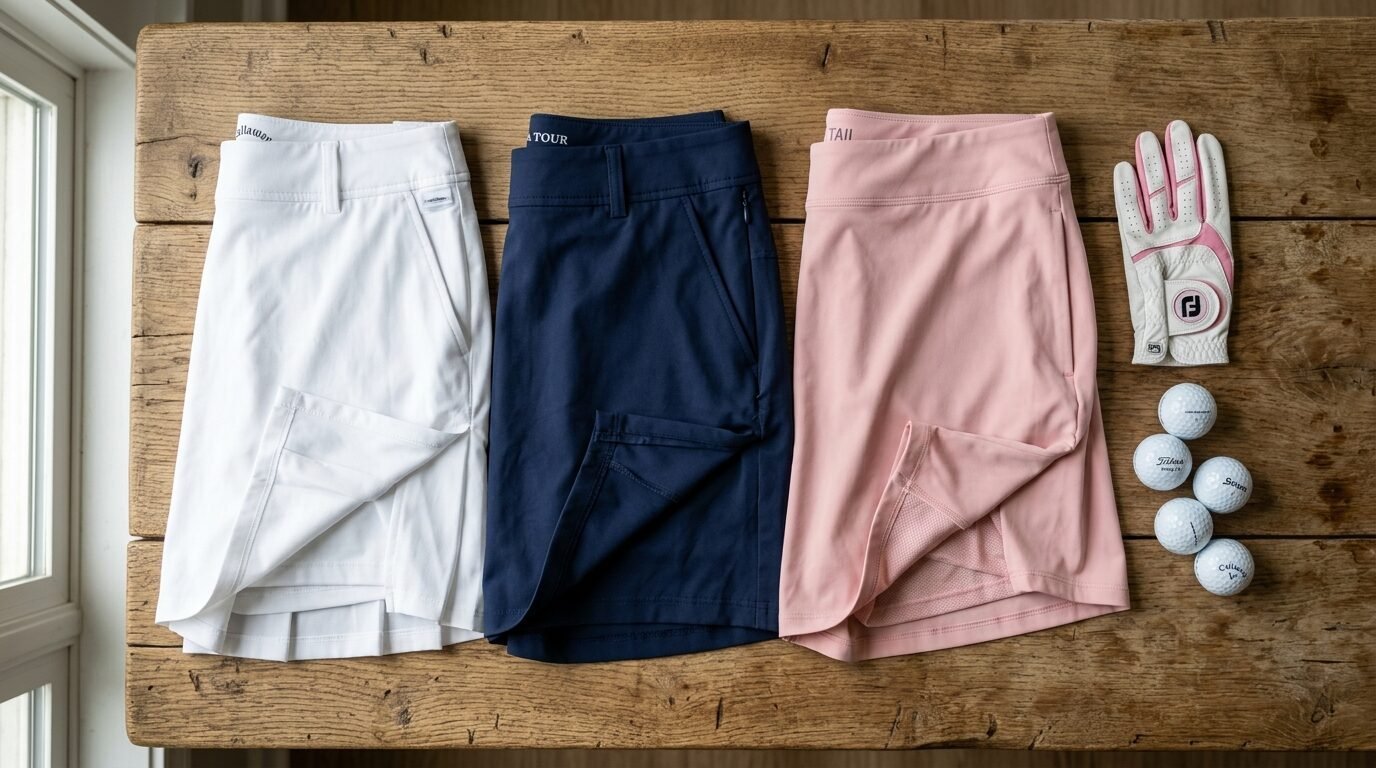 Top-down view of three pleated golf skirts and a golf glove with four balls on a rustic wooden table.