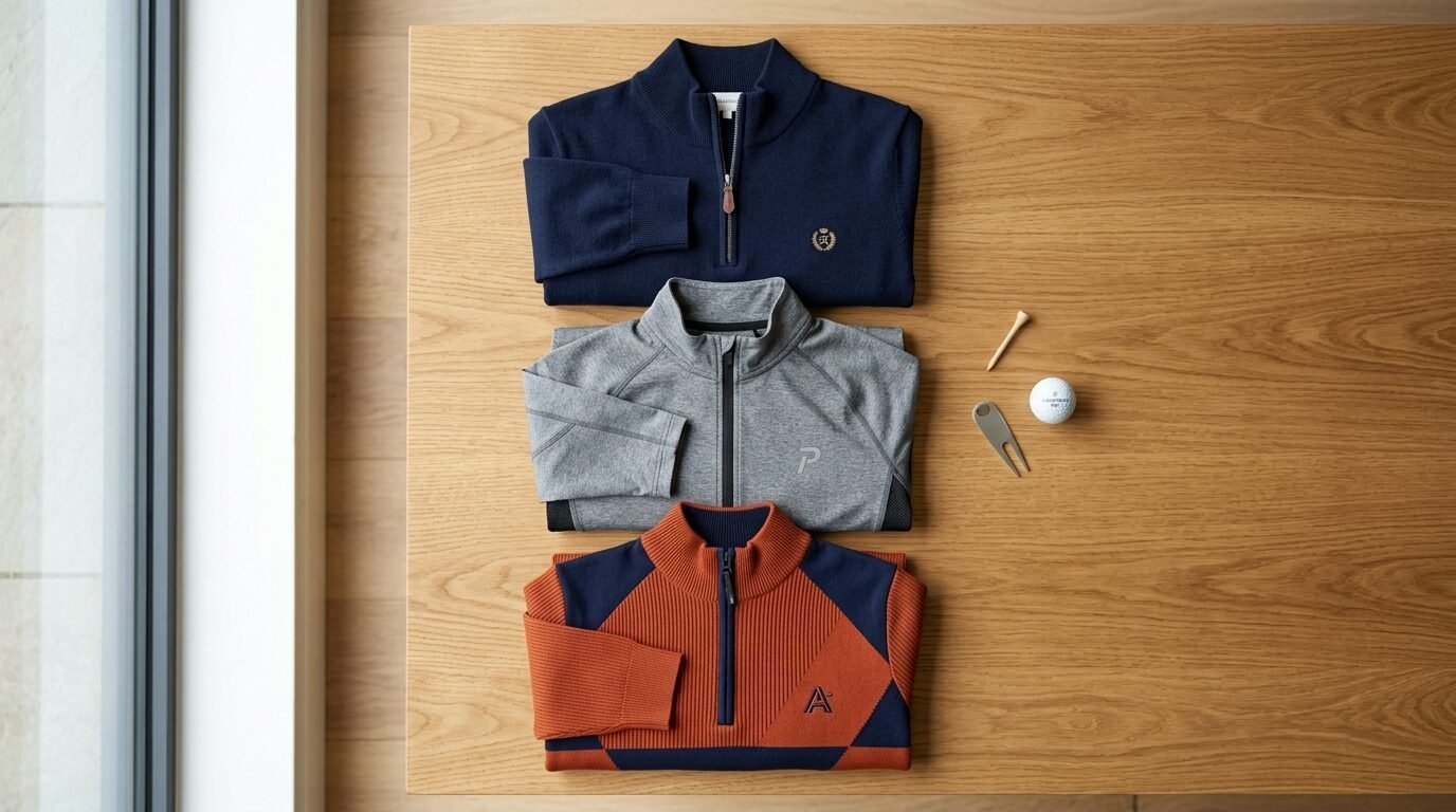 Three folded golf quarter-zips in blue, grey, and orange with a golf ball, tee, and divot tool.