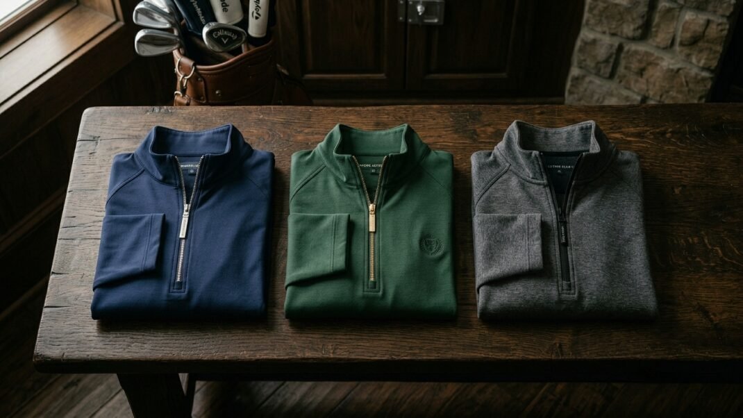 Navy, green, and charcoal grey quarter-zip shirts displayed neatly on a dark wood surface.