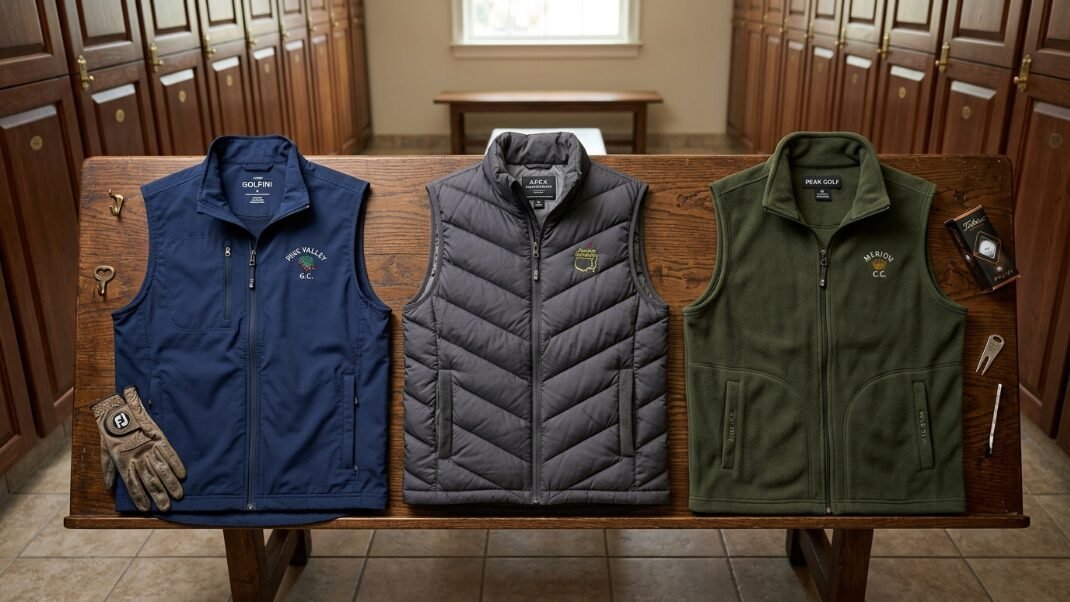 Three athletic zip-up vests featuring club logos arranged side-by-side on an indoor wooden locker room bench.