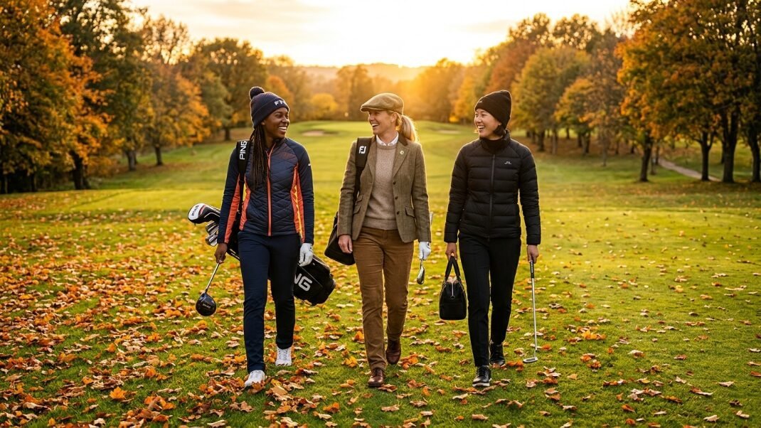 Three women in golf attire walking and laughing on a golf course covered in fallen orange leaves.