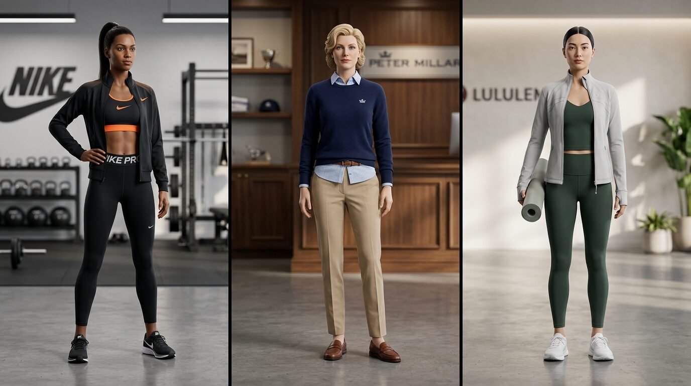 Split screen showing athletic women in Nike and Lululemon gear alongside a professional in Peter Millar office wear.