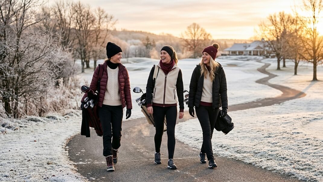 Three female golfers in winter gear carrying bags down a cold path at dawn.