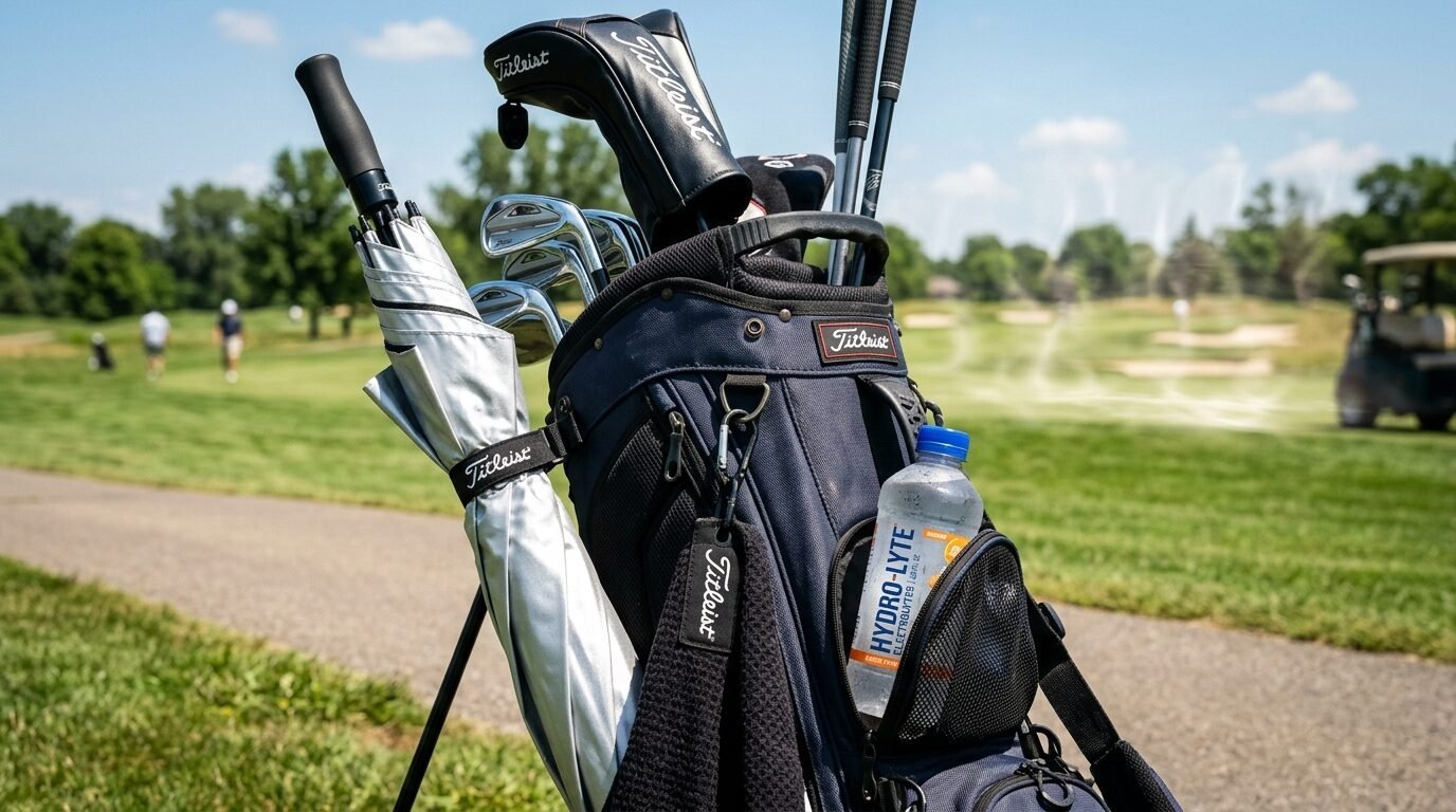 A navy blue Titleist golf bag containing clubs, an umbrella, and a bottle of Hydro-Lyte sitting on a cart path.
