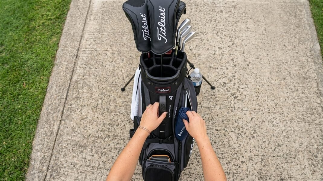 Top-down view of a woman reaching into a Titleist golf bag filled with clubs on a concrete pathway.