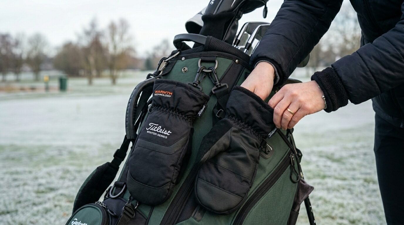 Person reaching into black insulated golf mittens attached to a green golf bag on a frosty course.