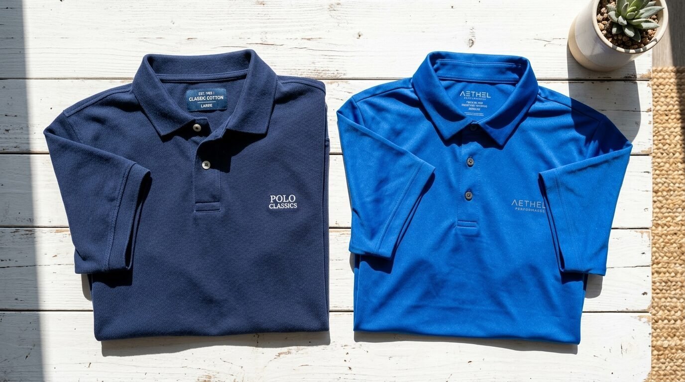 Top-down view of a navy classic cotton polo and a blue performance polo on a white wooden background.
