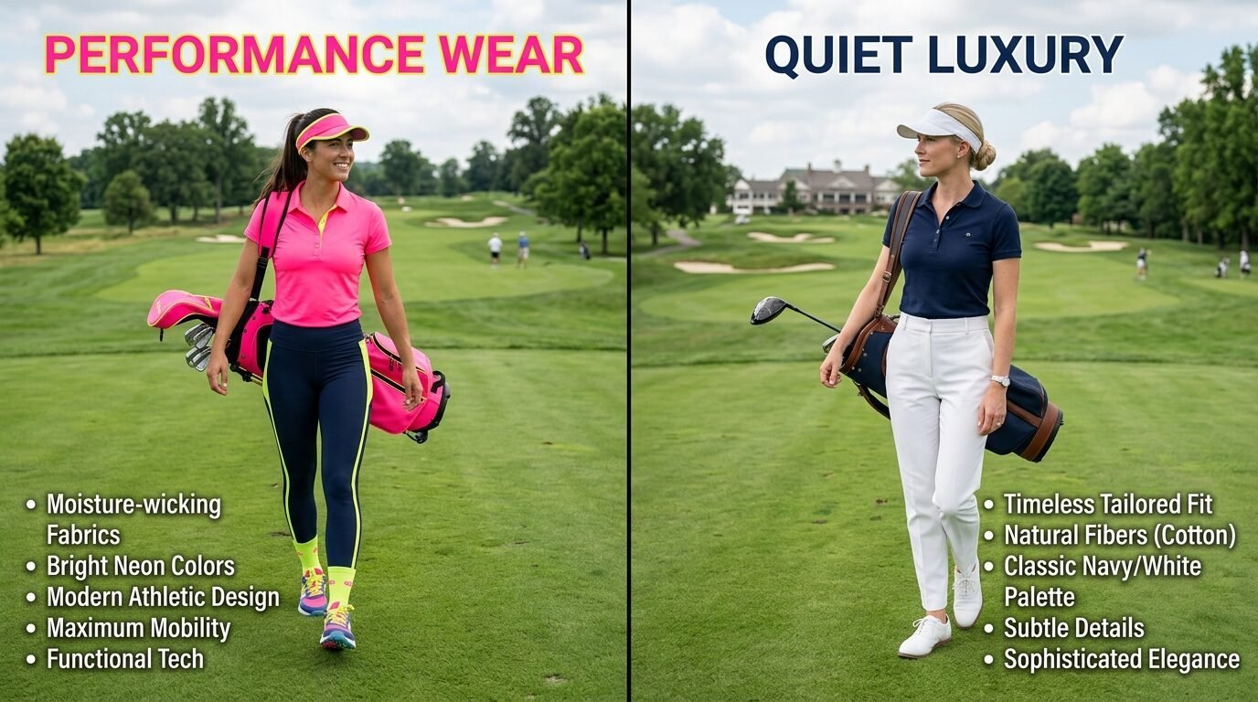 Split screen image showing a woman in neon sportswear versus a woman in a navy polo on a golf course.