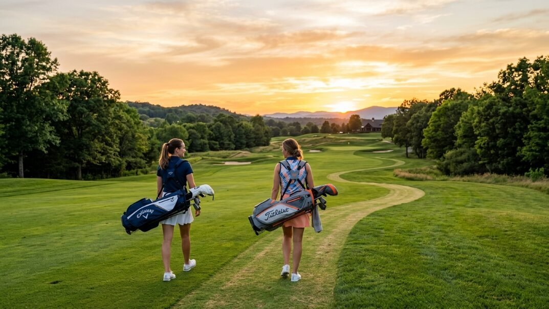 Two women carrying golf bags walking down a lush green fairway towards the sunset mountains.