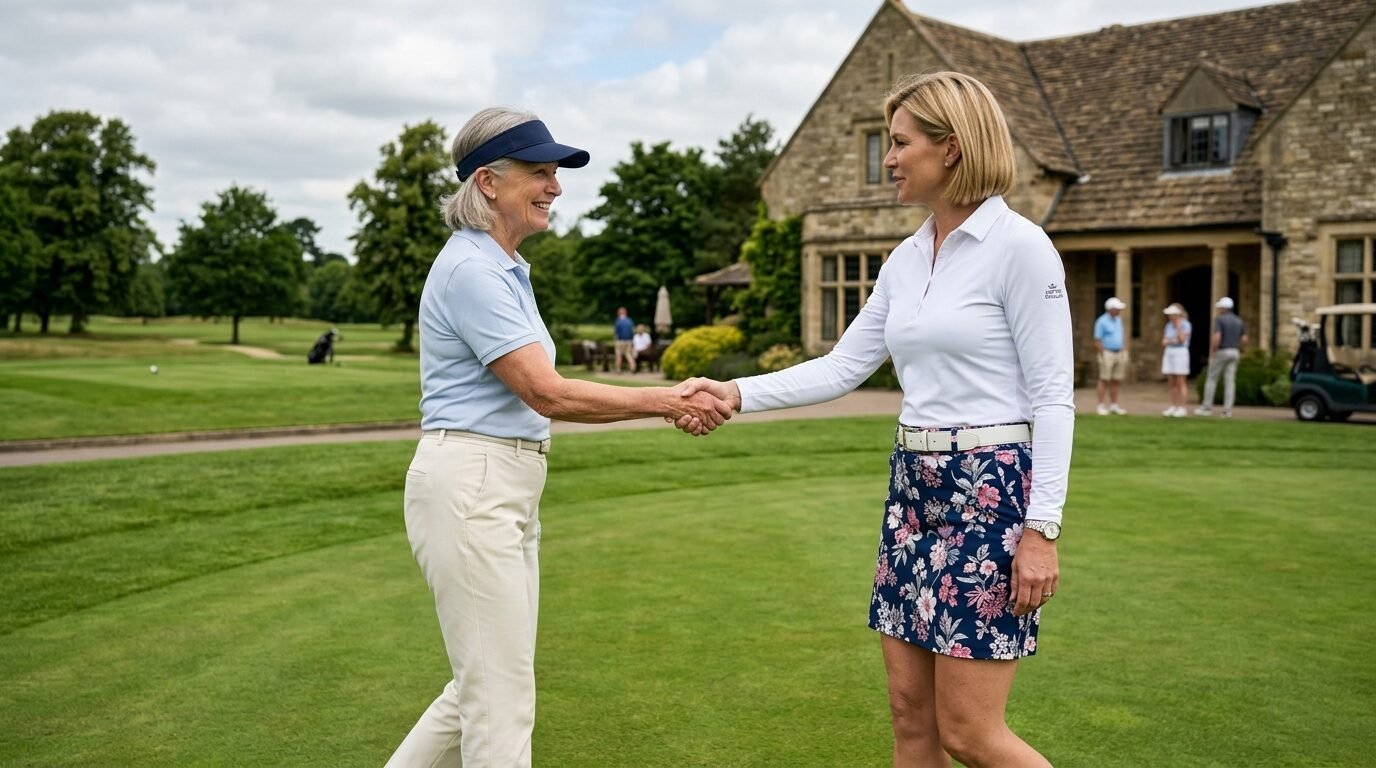A mature woman and a younger woman shaking hands on the grass in front of a stone clubhouse.