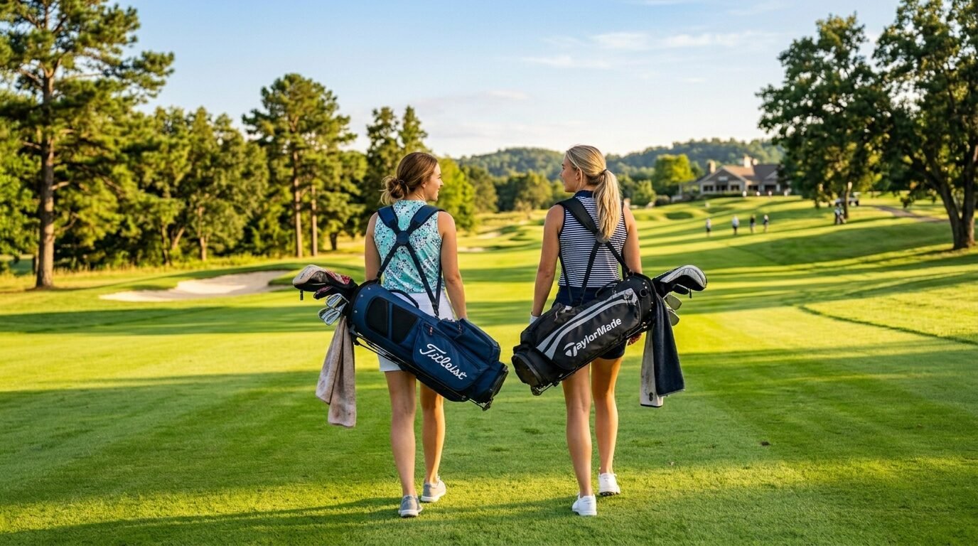 Back view of two female golfers walking across a green field with their club bags on a bright summer day.