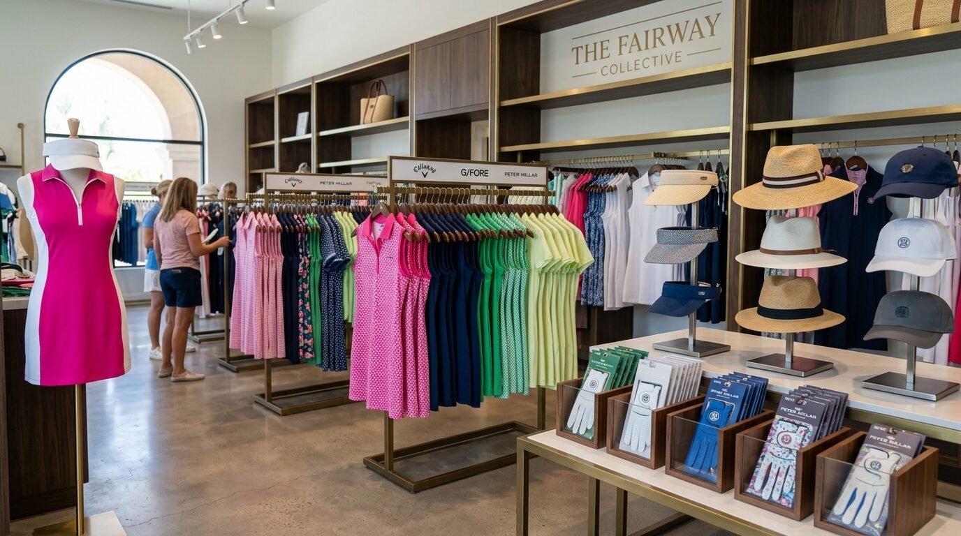 Retail store interior displaying racks of colorful polo dresses and golf hats near a shelf of packaged golf gloves.