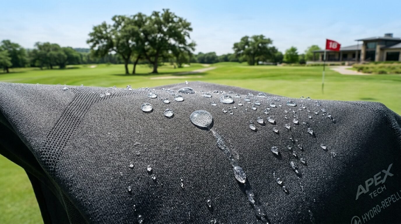 Close-up of raindrops sitting on dark grey performance clothing with a sunny golf course landscape behind it.