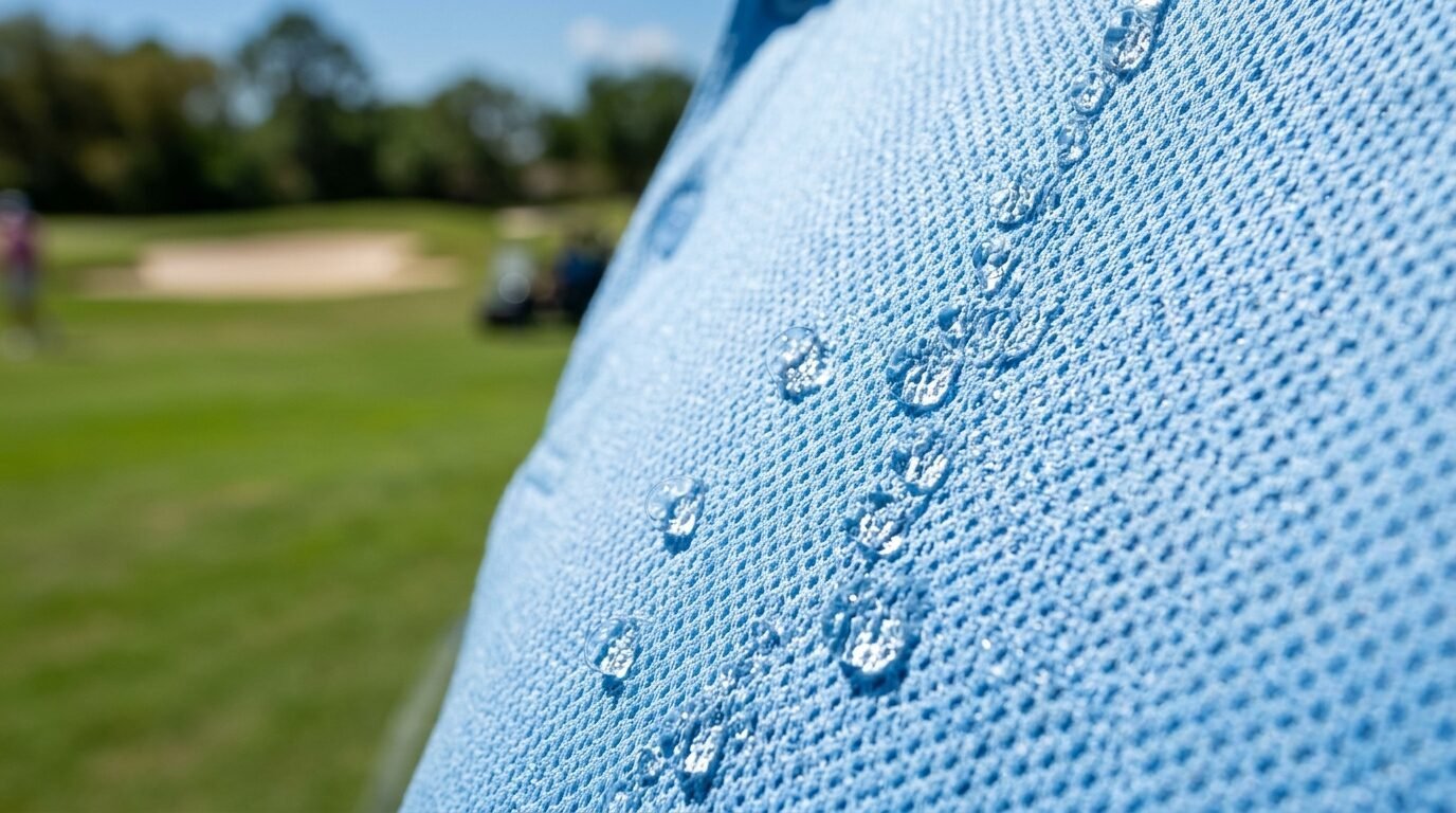 Macro shot of clear water droplets resting on the textured surface of a blue polo shirt at a golf course.