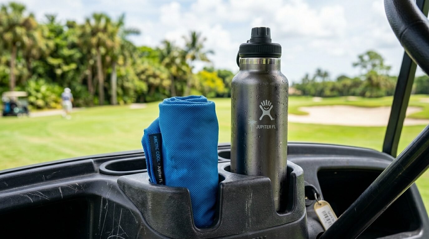 A metal insulated water bottle and a rolled-up blue cooling towel sit in a golf cart cup holder on a sunny day.