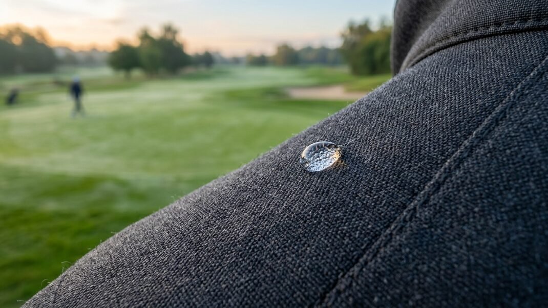 Close up of a single spherical raindrop sitting on the textured fabric of a dark grey jacket on a golf course.