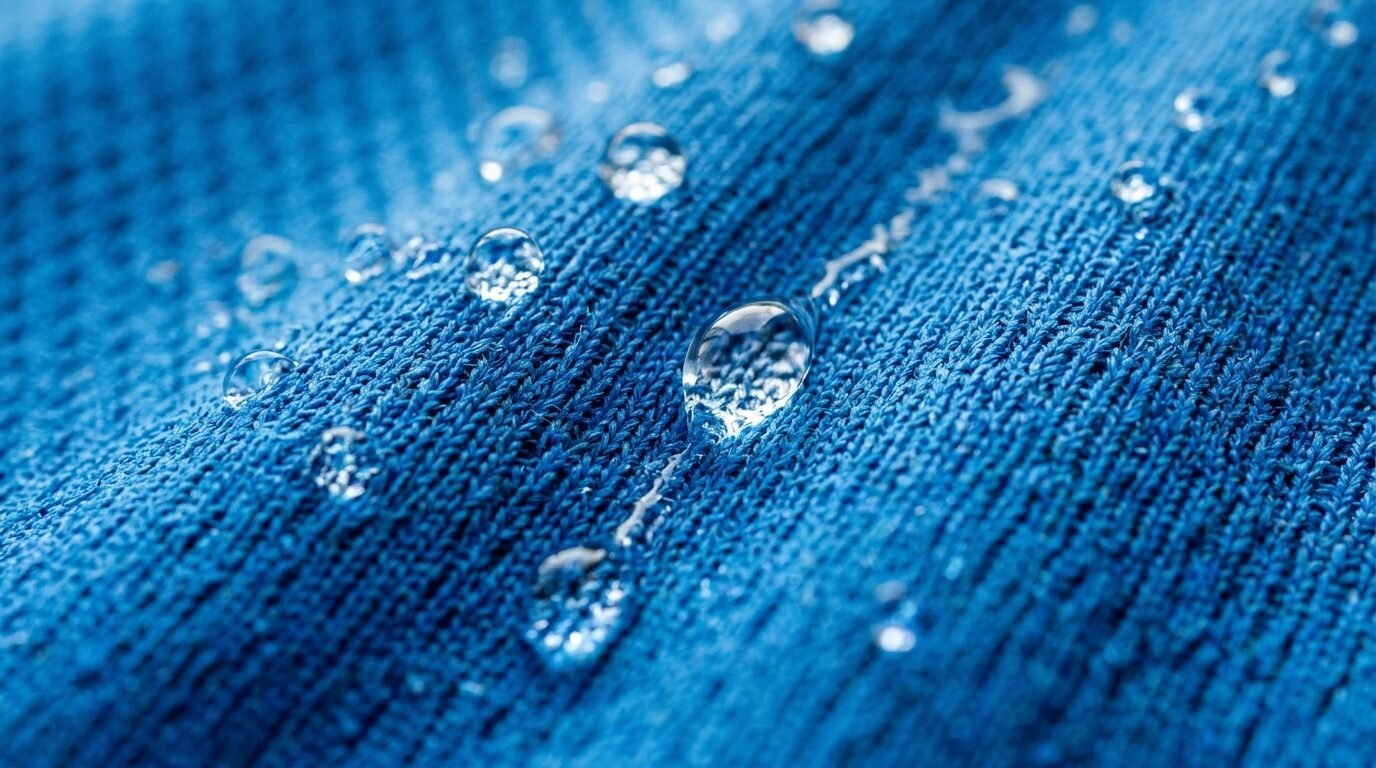 Close-up of liquid droplets sitting on the surface of a blue knit material.