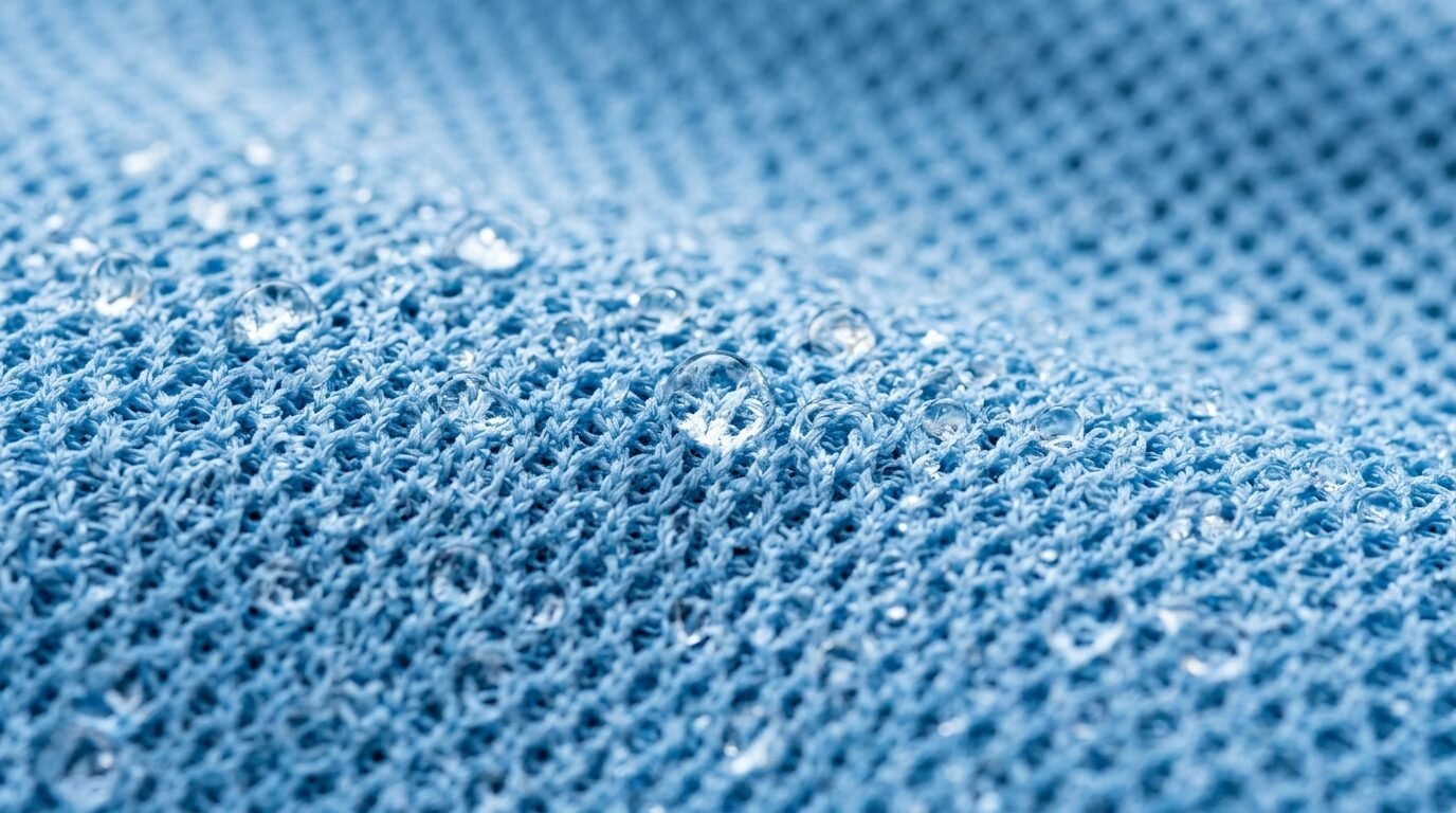 Close-up macro shot of spherical rain drops resting on top of a woven light blue textile material.
