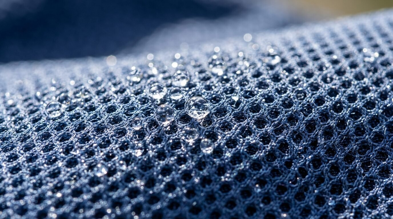 Close-up of sparkling water beads trapped on the textured surface of a dark blue synthetic mesh material.