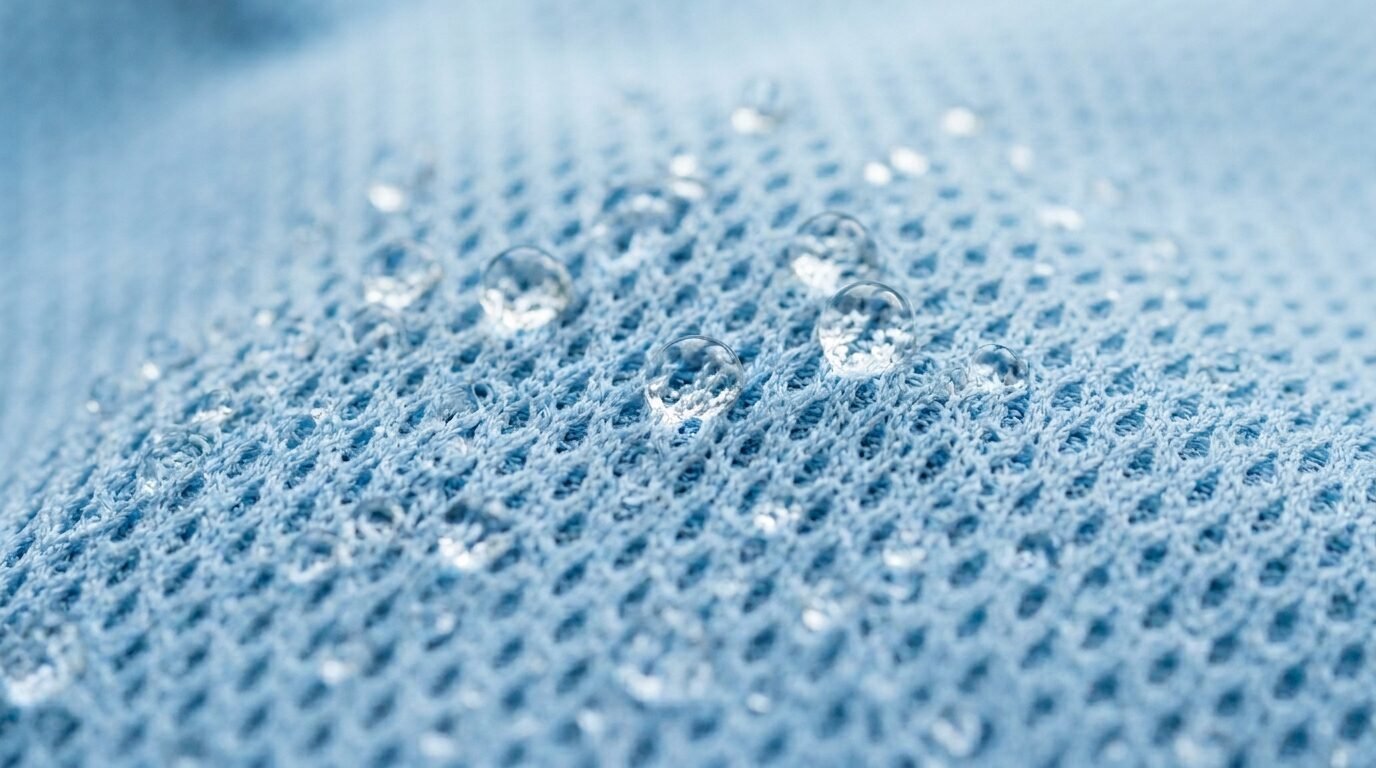 Macro view of tiny liquid drops sitting on a synthetic breathable athletic mesh material.
