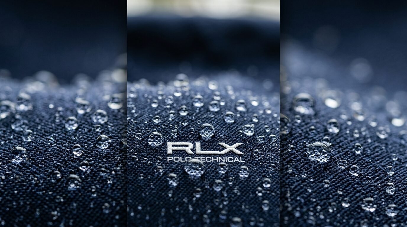 Macro shot showing water beads collecting on a dark blue synthetic textured fabric with a logo.